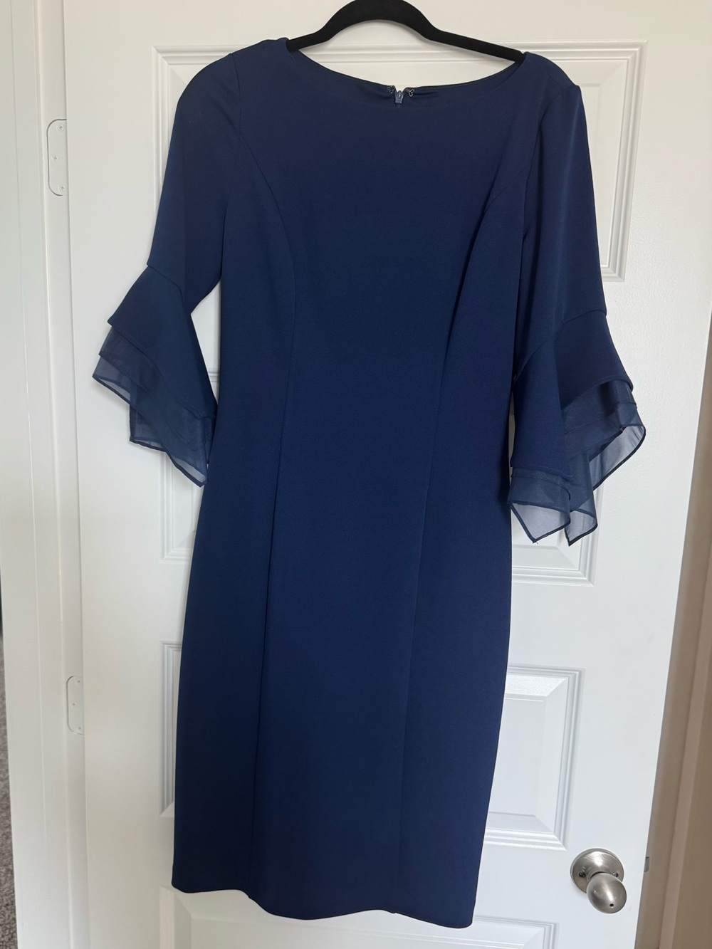 Adrianna Papell Navy Blue Midi Dress with Ruffle Sleeves